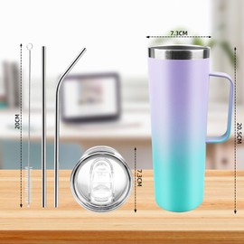 LSXD Termo para Café 720ml/24oz con Asa, Taza Térmico Acero Inoxidable de Doble Pared Aislada al Vacío,Vaso para Cafe Fría y Caliente con Tapa a Prueba de Fugas y Pajita y Cepillo de Lim piezar, Azul
