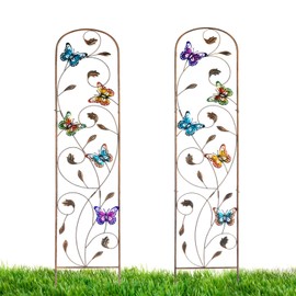 2 Pack Metal Garden Trellis with Colorful Butterfly 60 Inch High Outdoor Decoration Arched Fence Trellis for Climbing Plants for Patio, Lawn, Yard, Backyard, Wall Brackets