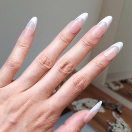 SLSXNL French Tip Press on Nails Almond Pink Stick on Nails Reusable 24Pcs 12 Sizes Fake Nail Art Semi-Transparent