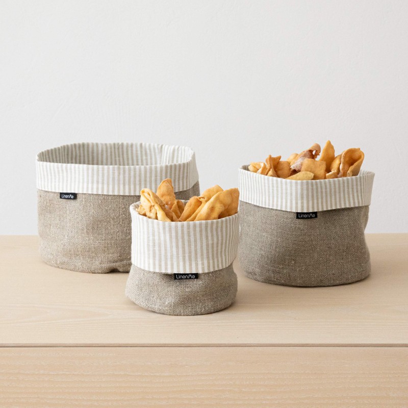 LinenMe Beige Natural Striped Linen Cotton Basket Jazz, MEDIUM (20