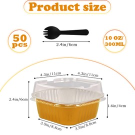 50 Pack Aluminum Foil Baking Cups with Lids, 10 oz Reusable Square Ramekins, 300ML Cupcake & Pudding Cups, Disposable Flan, Creme Brulee, Jello Cups for Desserts, Catering Party Favor (Gold)