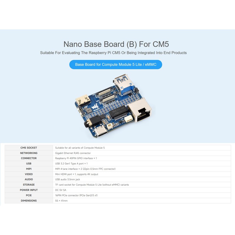 Nano Base Board for Raspberry Pi Compute Module 5 Lite/eMMC
