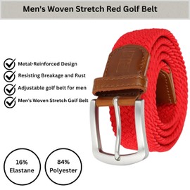 East/18 Perfect Fit Men's Woven Stretch Golf Belt with No-Hole Design | Premium Material| Medium-Large | Red