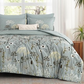 Yiran Dusty Blue Floral Comforter Set Queen Size, 7 Piece Dandelion Botanical Comforter Bedding Set, Bed in a Bag Queen, Soft Microfiber Complete Bedding Set with Sheets for All Season