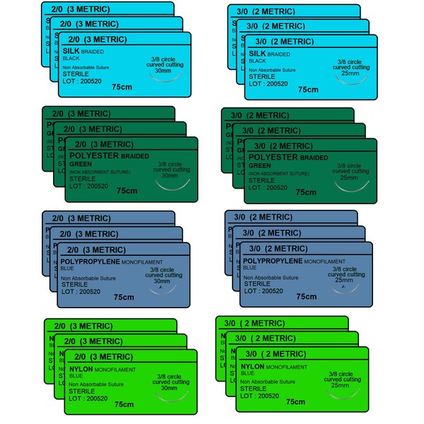 24 PK Mixed Sutures Thread with Needle Non-Absorbable: Nylon, Silk,