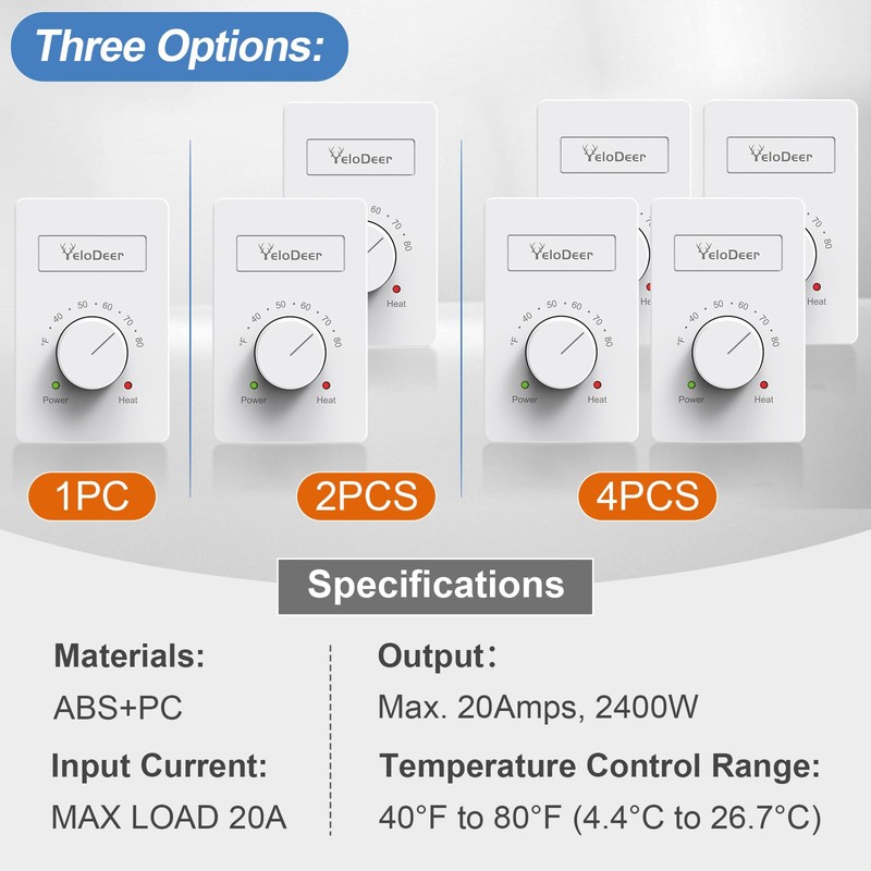 4 Pcs Manual Electric Baseboard Heater Thermostat for Home 120