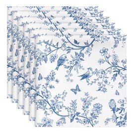 Arquiel Chinoiserie Bird Branch Napkins, 18×18 inch Vintage Blue Dinner Cloth Napkins Set of 6, Washable Cotton Soft Absorbent Square Table Top Decoration for Dining Kitchen Party Wedding