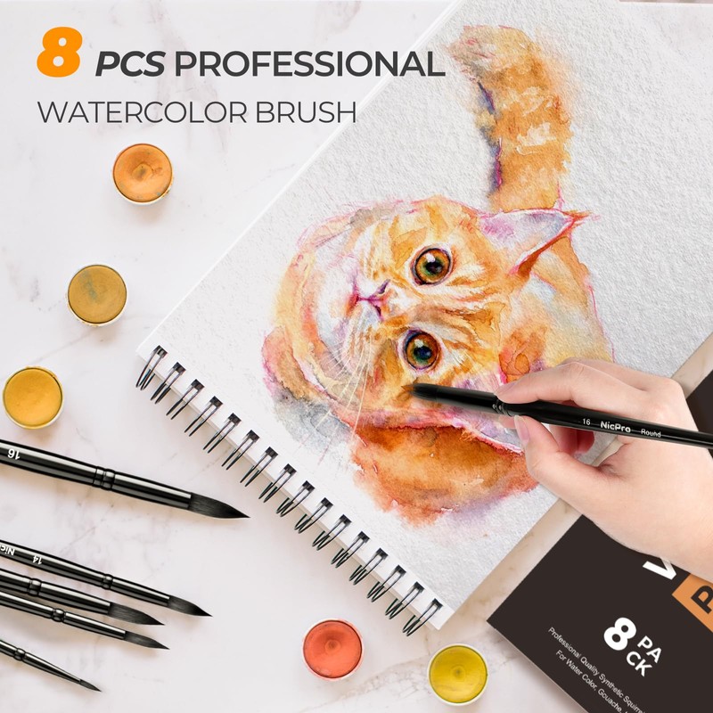 Nicpro 8pcs Watercolour Paint Brushes, Round Pointed Tip Paint Brush