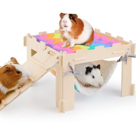 BeBeJoJo Guinea Pig House with Hammock,Wooden Guinea Pig Hideout with Ramp Soft Guinea Pig Hammock fit Guinea Pigs Cages Accessories for Small Animals