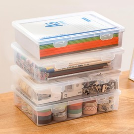 Nuyoah Storage Box with Lid, A5 Plastic Box, Small, Pack of 4, Plastic Box with Lid, Pen Box, Portable Archive Box with Snap Tight, Stackable for Paper, Stationery, Cosmetics, Tool Parts