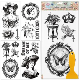 GLOBLELAND 4 Sheets Black and White Sketch Rub on Transfers Retro Woman Frame Furniture Decor Transfers Flowers Birds Decal Transfers Stickers for Bedroom Living Room Desk Table Decoration