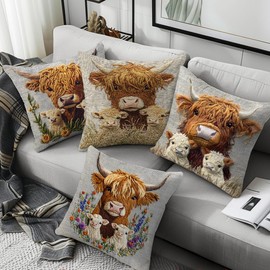LANBEIDE Highland Cow Embroidery Cushion Cover, 45x45cm Set of 4 Highland Cow Mom & Calf Pillow Cover Scottish Present Outdoor Throw Pillow Case Home Farmhouse Couch Sofa Decor 18"x18"