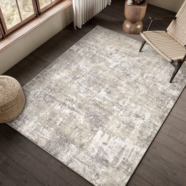 PureCozy Machine Washable Area Rug 4x6 Beige Grey Living Room Rug Indoor Accent Rug Modern Abstract Low Pile Carpet Distressed Throw Rug Bedroom Office Dining Room Kitchen Non Slip