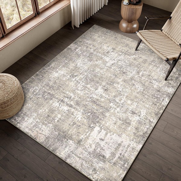 PureCozy Machine Washable Area Rug 4x6 Beige Grey Living Room