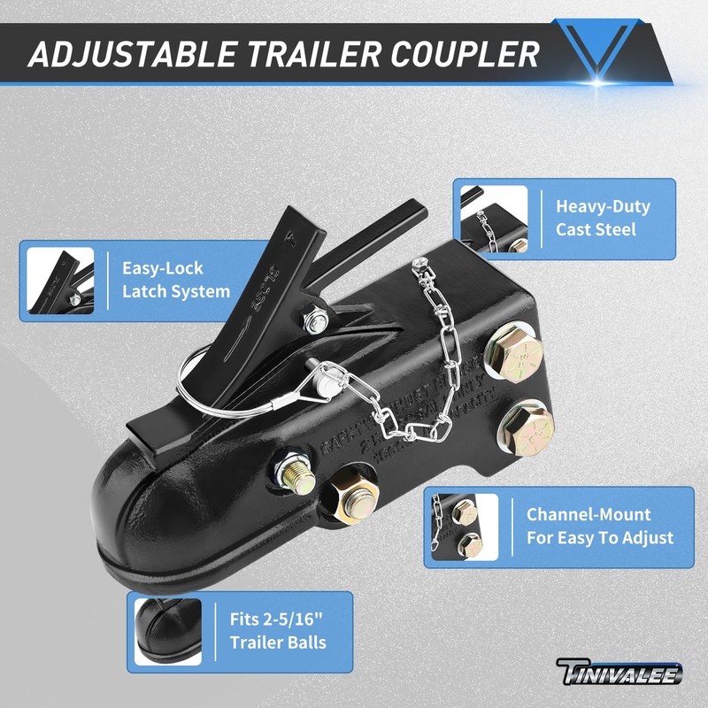Tinivalee 2-5/16" Adjustable Trailer Coupler Heavy Duty Channel-Mount, Capacity 15000LBS