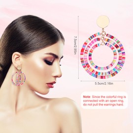 Pearl Drop Earrings, Rainbow Dangle Boho Earrings, Round Circle Statement Earring with Pendant, Vintage Colourful Summer Beach Jewellery for Women, Girls, Beach, Holiday, Party, Holiday, copper, No