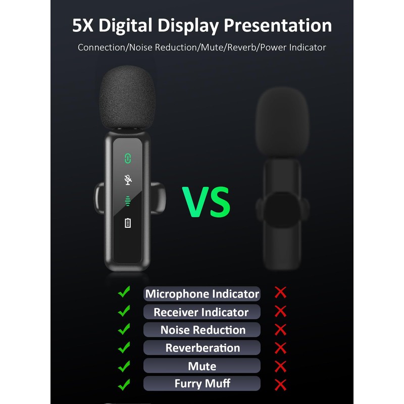 Wireless Lavalier Microphone for iPhone 5-14 Series, LED Display Mini