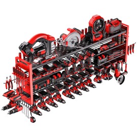 Shomextol 49.8" W Super Large Power Tool Organizer Wall Mount,4-Layer Heavy Duty Tool Storage with 18 Cordless Drill Holder,600 lb Capacity Garage Organization for Garage and Workshop (Red)