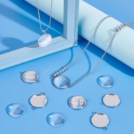 UNICRAFTALE 32 Sets 2 Styles 304 Stainless Steel Cabochon Pendant and Link Trays Base Cabochon Connectors Settings Flat Round Blank Bezel Pendant with Glass Cabochons for Jewelry Making