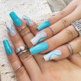 Ricefod Press on Nails Long Square, Reusable False Nails Press on Bling Blue and White Fake Nail 24pcs Nails Press ons