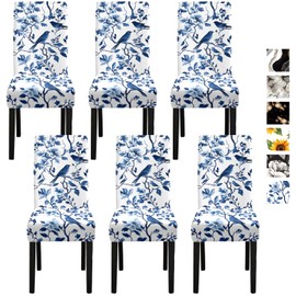 ANNA QUEEN Blue Floral Chair Covers for Dining Room Kitchen Set of 6 – Stretch Washable Slipcovers for Dining Chairs, Elegant Home Decor