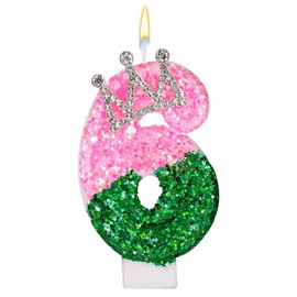 Pink and Green Birthday Candle, Pink and Green Sequin Number Candle with Rhinestone Crown Embellishment for Birthday Party Wedding Anniversary Decor(Number 6)