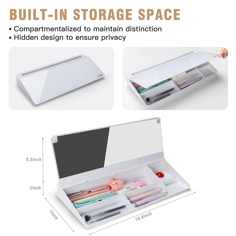 SELEAD Desktop Glass Whiteboard with Organizer & Built-in Mirror, Small