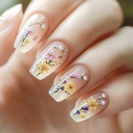 Short Press on Nails Coffin Fake Nails with Floral Design Pearl Glue on Nails White Short Coffin Glossy Milky Nails Press ons Cute Artificial Stick on Nail for Women 24Pcs