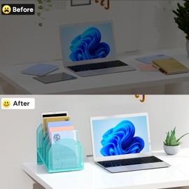 OUTIOE 5-Section Desk File Organizer, Metal Mesh Folder Organizer for Documents, Mail & Office Papers (Blue)