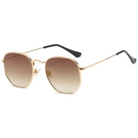 JCTAIFOO Fashion Polygon Sunglasses for Men and Women Lightweight Hexagonal Metal Frame UV400 Protection Glasses, Gold/Brown Gradient