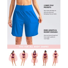 Viodia - Pantalones cortos de natación para mujer, de 9 pulgadas de largo, con bolsillos, cintura alta, para playa, longitud a la rodilla, para mujer con forro, azul (Vivid Blue), S