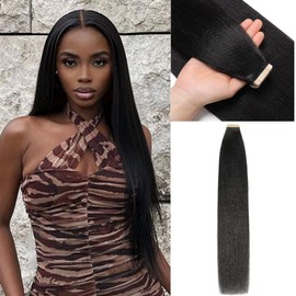 YDDM Black Women Tape Extensions Real Hair Black Yaki Straight Tape-In Hair Extensions Real Hair Tapes Invisible Extensions Real Hair Tape Extensions Real Hair 24 Inches 20 Pieces 50 g