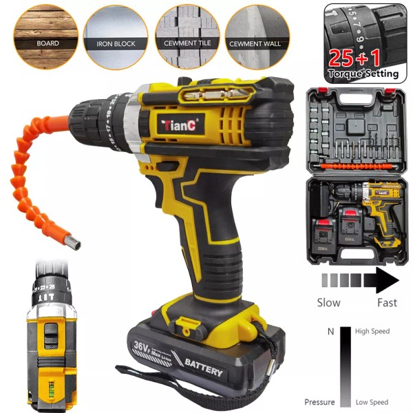 TianC 21V Cordless Hammer Drill Set Electric Impact Driver Screwdriver