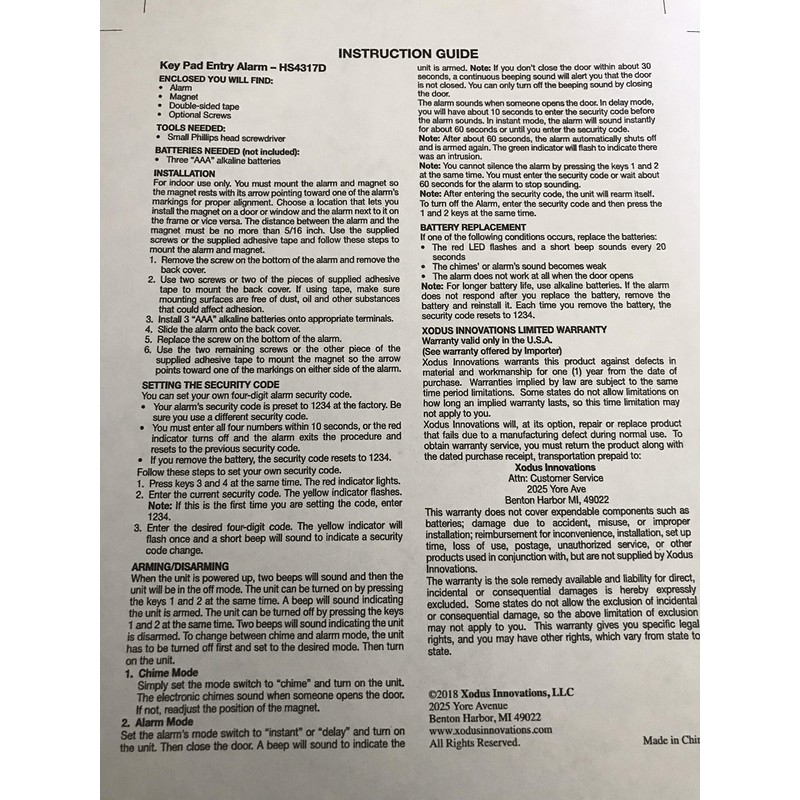 Xodus Innovations HS4317B Battery Powered Wireless Security Door Alarm with