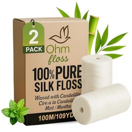 OhmFloss - Hilo dental biodegradable con soporte rellenable de bambú - encerado natural con candelilla, 100% compostable, bobina de seda natural de 55