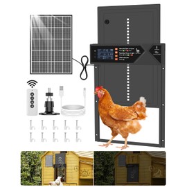 Large Automatic Chicken Coop Door, 4000mAh High Capacity Chicken Coop Door 7W Solar Powered with Timer & Light Sensor, Anti-Pinch Auto-Aluminum Chicken Door with Wire Clip & Remote Control-Black