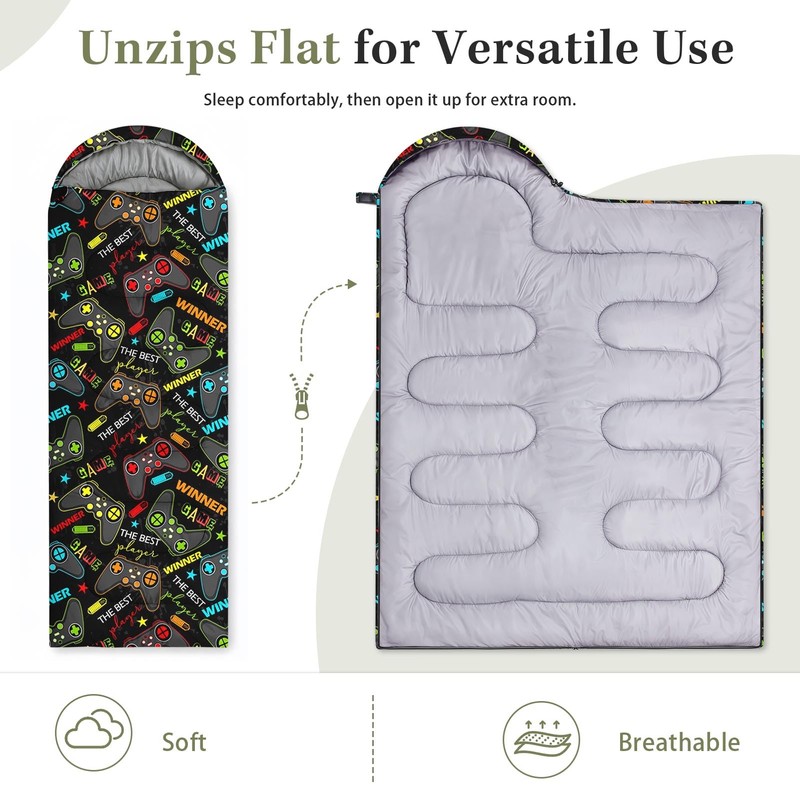 WeCozy Black Gaming Sleeping Bag for Kids, 3 Season Lightweight