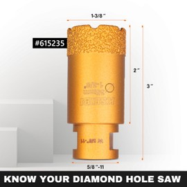 KSEIBI 615235 Diamond Hole Saw, 1-3/8 Inch (35mm) Diamond Core Drill Bit for Porcelain, Ceramic, Granite Drill Bits, Brick, Marble, Vacum Brazed, 2" Drilling Depth, 5/8"-11 Thread, for Angle Grinder