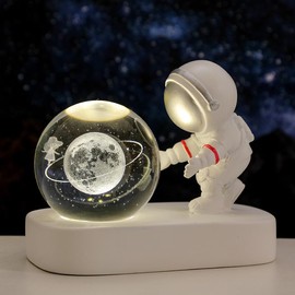 Generic Saturno de Cristal lampara de Saturno 2.4inch(60mm) Astronauts Night Light 3D Laser Engraved Quartz Glass Ball Home Decor Crafts (The Moon), White