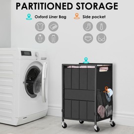 Laundry Hamper with Wheels & Adjustable Feet; 90L Laundry Basket with Removable Liner Bag & Side Mesh Pocket; Clothes Basket for Bathroom, Bedroom; Laundry Sorter with Wood Handle (Black)