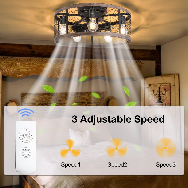 Ohniyou 20'' Flush Mount Caged Ceiling Fan with Lights Remote