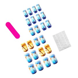 Beach Press on Nails Medium Square Fake Nails with Coconut Tree Design Sea Wave False Nails Full Cover Ombre Blue Stick on Nails Glossy Reusable Summer Glue on Nails for Women Girls Manicure 24Pcs