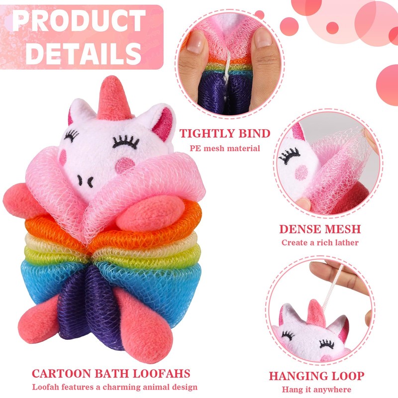 PHOGARY 3 Pack Bath Loofahs, Shower Sponge Balls Animal Mesh