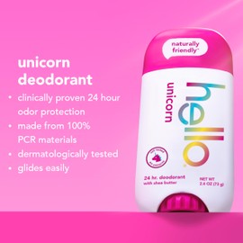 hello Unicorn Deodorant, 24 Hour Odor Protection, No Aluminum + No Baking Soda, Vegan & Parabens Free, 2.6 Oz
