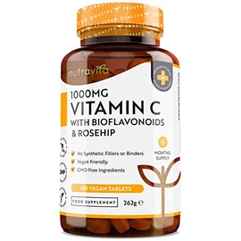 Vitamin C 1000mg – 180 Premium Vegan & Vegetarian Tablets – 6 Month Supply – High Strength Ascorbic Acid – with Added Bioflavonoids & Rosehip – for Normal Immune System – Made in The UK by Nutravita