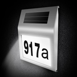 COEKI Stainless Steel House Number Solar Illuminated 2 LEDs Solar House Number with Twilight Switch IP65 Waterproof Outdoor with Numbers 0-9 & Letters A-H