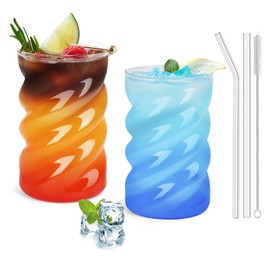 SILRIVES Drinking Glasses with Glass Straws, 500 ml, Ribbed Iced Coffee Cups with Straw, Bubble Matcha Glass, Latte Macchiato Glasses, Coffee Glasses, Cappuccino Glasses, Long Drink Glasses, Cocktail