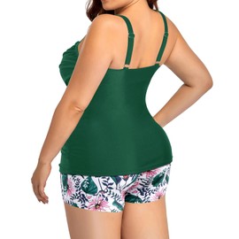 Aqua Eve Women Two Piece Plus Size Tankini Swimsuits with Shorts Tummy Control Bathing Suits Ruched V Neck Swimwear, Green Leaf, 18 Plus
