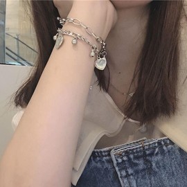 Peasimy Double Layered Heart Pendant Bracelet for Women Gold Stainless Steel Multi Chains Bracelet with Ball and Heart Jewelry Gifts (Silver)