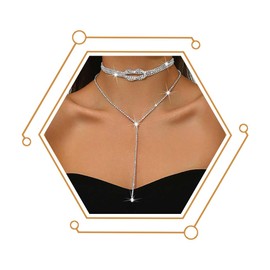 CanB Rhinestone Long Necklace for Women Silver Choker Necklaces Drop Dainty Lariat Y Necklace Chain